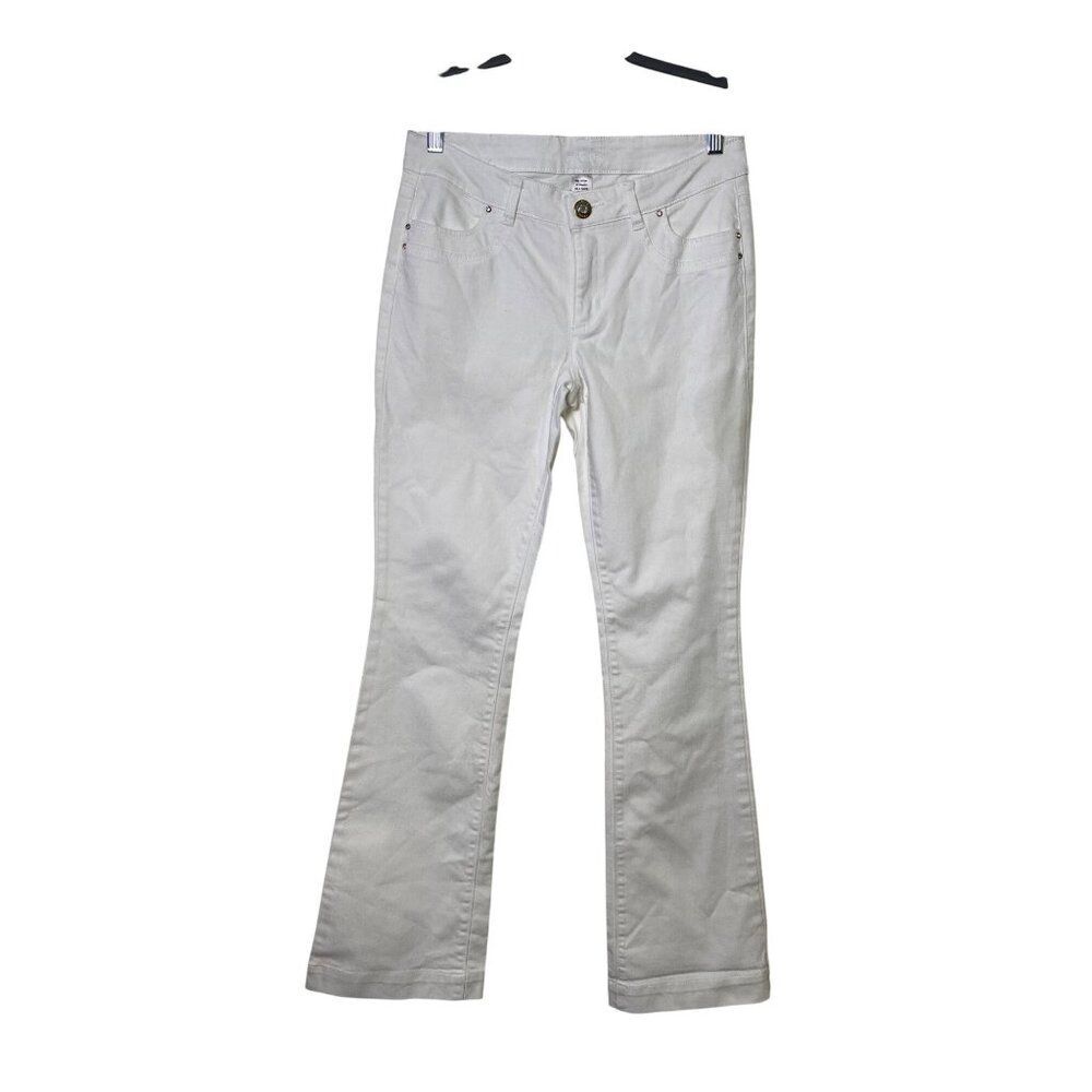 Cache Jeans Womens White Jeans 4 Flared Leg Pants Button Accents Preppy Casual